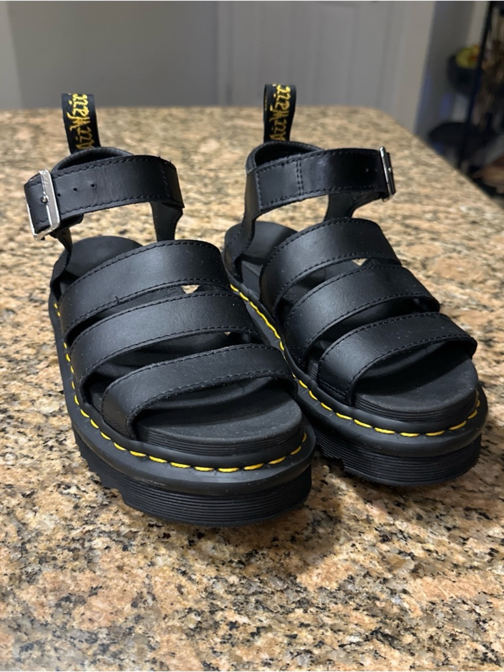 Dr. Martens Black Leather Platform Strappy Sandals with Yellow Stitching